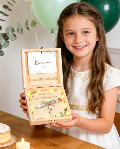 Geldgeschenk Kommunion Verpackung Holzbox mit LED Lichterkette, Personalisiertes Geschenke zur Erstkommunion, Kommunion Geschenke für Mädchen Junge, Deko Set mit Fisch Symbol