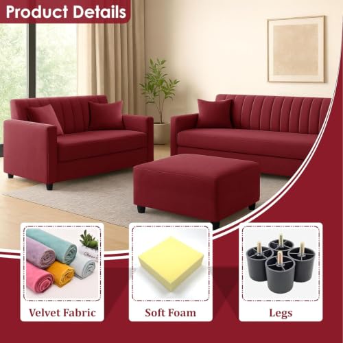 Image of 3+2 Fabric Sofa Set with Ottoman for Living Room | Modern Upholstered 5-Seater Couch | Soft Cushion, Premium Velvet Fabric - Red Color