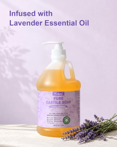 Image of Yoken Lavender Castile Soap Liquid 64 OZ, EWG Verified Made with Certified Organic Oils, Gentle Lavender Soap for Body Wash, Face, Hands, Dishes, Laundry & More, Vegan Organic Versatile Cleanser