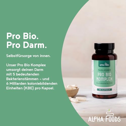 Kulturen Komplex | mit 6 Mrd KBE | 5 Bakterienstämme und Fructooligosaccharide | 90 Kapseln | Bakterienkulturen mit Lactobacillus & Bifidobacterium | Verdauungshilfe für den Darm | Vegan | Alpha Foods