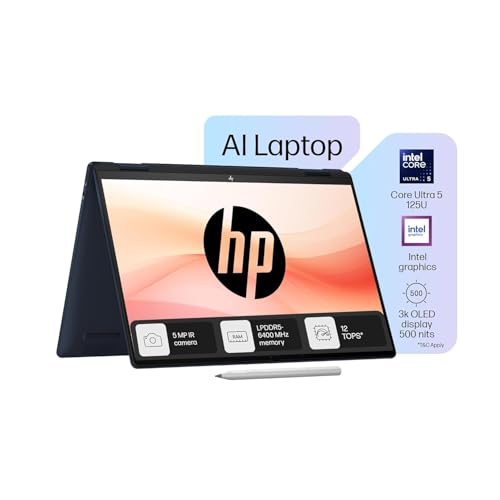 Image of HP Envy x360 AI Laptop, Intel Core Ultra 5 125U, 12 TOPS, 16GB LPDDR5, 512GB SSD, (Win11, Office24, Blue, 1.44 kg) Touchscreen, 3K, OLED, 14-inch (35.6cm), Integrated graphics, 5MP IR camera, fc0178TU