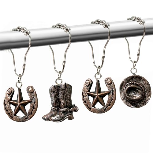 Western Shower Curtain Hooks, 12PCS Western Cowboy Bathroom Decor Brown Cowboy Shower Curtain Hooks Rustic Country Creative Shower Curtain Rings