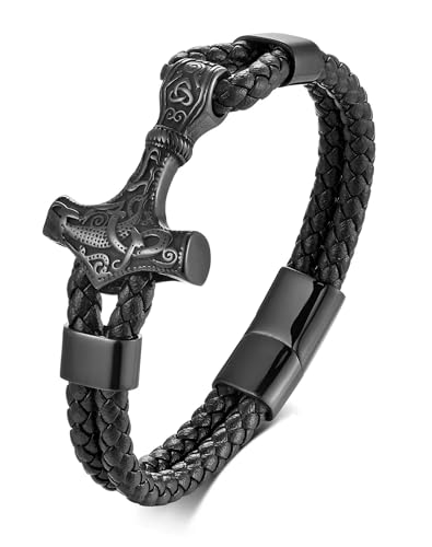 Anvy Lunda Viking Thors Hammer Mens Bracelet 14K Black Gold Plated Braided Leather Cuff 316L Stainless Steel Jewelry for Father Husband Son Friend