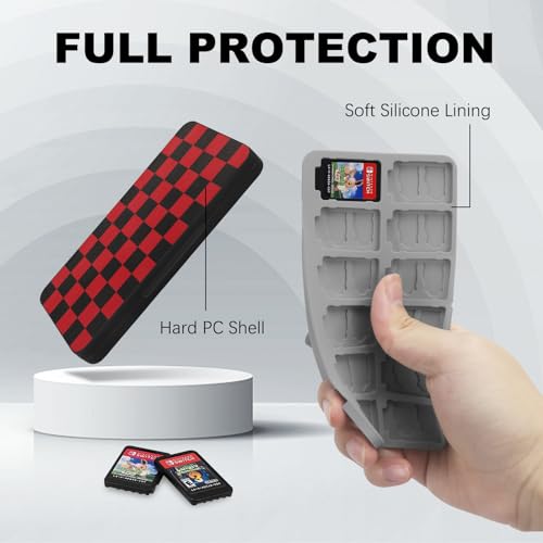 Image of FYY Nintendo Switch Game Case Holder for Switch 2 Cartridge Case with 24 Game Card Slots & 48 Micro SD Card Slots, Hard Shell, Silicone Lining Black Red Squares