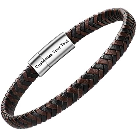 Mens Leather Bracelet - Classic Handmade Braided Black & Brown Cuff Bracelet with Engraved Magnetic Clasp Free Jewelry Gift Boxed (19cm, black ~ brown) Cover