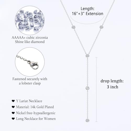 EPIRORA Y-Shaped Lariat Necklace for Women, Dainty Long Layered CZ Teardrop Pendant Necklace 14K Silver/Gold Plated Adjustable Chain Trendy Jewelry Gifts for Women2