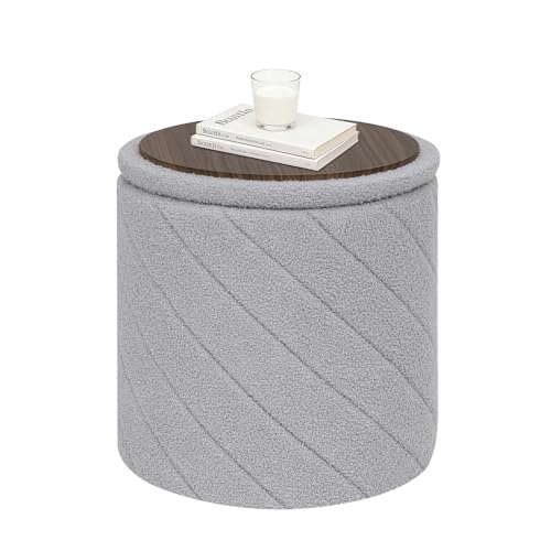 CAIPINFUL 17" Foldable Boucle Round Storage Ottoman,Space-Saving Footrest/Seating/Coffee Table for