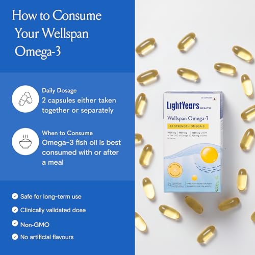Image of LightYears Wellspan Omega 3 Fish Oil Capsules | 6X Strength | 3000 mg Fish Oil & 1800 mg EPA DHA for Men & Women | Mercury-Free | Lemon Flavoured for No Fishy Burps | 3rd Party Tested | 120 Capsules