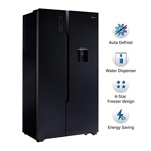 Image of (Renewed) AmazonBasics 564 L Frost Free Side-by-Side Refrigerator Appliance with Water Dispenser (Black Glass Door)