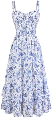 Scarlet Darkness Women's Floral Dress Smocked Sundress with Pockets, Blue White Floral, M