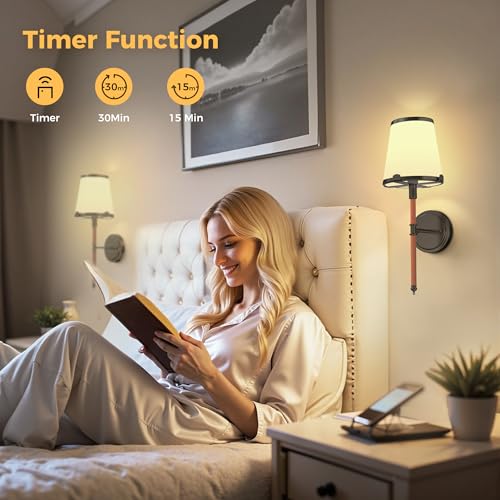 Image of DORESshop Battery Operated Wall Sconce Set of 2, Wireless Wall Light Easy to Install, 7 Color Rechargeable Wall Sconces, Sconce Wall Decor Set of 2 for Bedroom, Living Room, Black and Leather, 18.7in