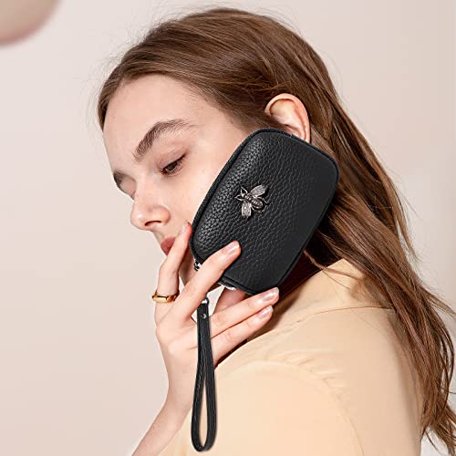Imeetu Women Leather Coin Purse, Small 2 Zippered Change Pouch Wallet(Black, Wrist Strap) #TOP4