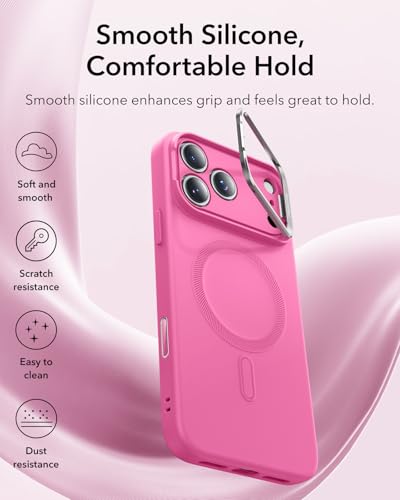 Image of ESR Silicone Case for iPhone 17 Pro, Built-in Camera Stash Stand Compatible with MagSafe, Military-Grade Drop Protection Magnetic Phone Case, Cloud Series, Rosy Pink