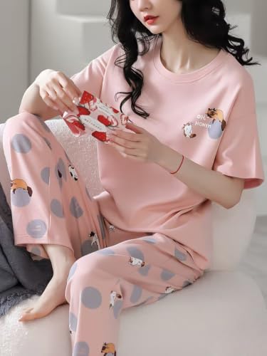 Image of Celary Korean Women's Pyjama Set|Half Sleeve T-Shirt & Printed Pyjama Set for Women|Size:- M to 4XL|Soft Cotton Blend Comfortable Night Suit for Women