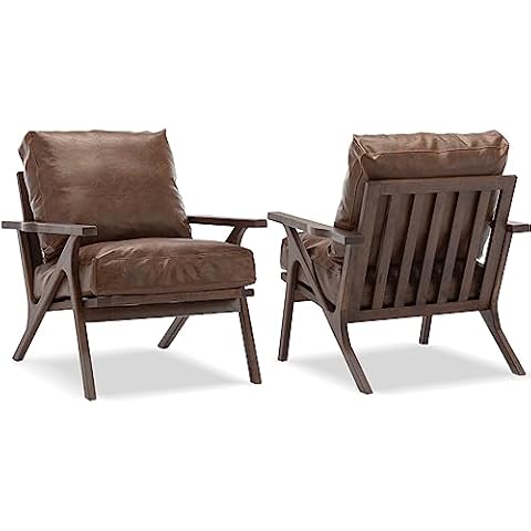 Guyou Mid Century Modern Accent Chairs Set of 2, Retro PU Leather Arm Chair with Detachable Cushion, Upholstered Single Lounge Chair with Wood Frame for Living Room Bedroom Fireplace (Dark Brown,2PCS) Cover