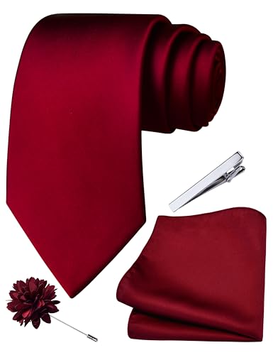Branduce Wine Burgundy Tie for Men Wedding Solid Satin Silk Blend Necktie Pocket Square Tie Clip and Lapel Pin Brooch Set (TA14-33)