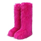 Picture of ZJGZF Pink Faux Fur Boots for Women Fuzzy Fluffy Furry Boots Winter Snow Boot Tall Cute Comfort Warm Shoes Soft Wide Calf Knee High Boot Rose