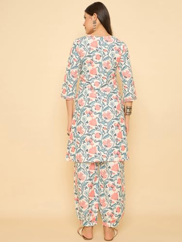 Image of SheWill Women Cotton Blend Floral Printed Straight Kurta with Mandarin Collar, Button Detailing, and 3 /4th Sleeves Paired with Matching Printed Pants