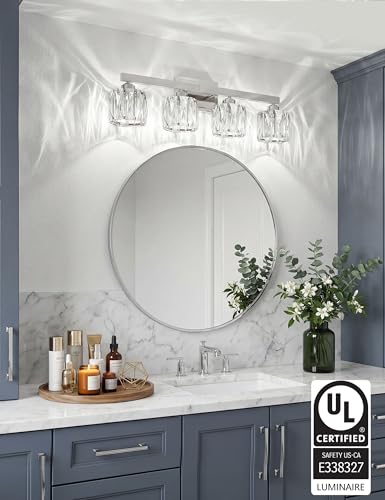 Image of VOLISUN Crystal Vanity Lights for Bathroom, 4 Light Bathroom Vanity Light, Modern Stainless Steel Bathrooms Lights Over Mirror, Chrome Bathrooms Lights Fixtures-UL Certificated(Exclude Bulb)