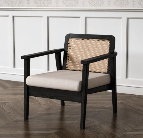 Image of LSGF Mangz Wooden Lounge Chair with Rattan Cane Back | Solid Wood Accent Chair with Cushion | Mid Century Modern Armchair for Living Room, Bedroom & Office (Black)