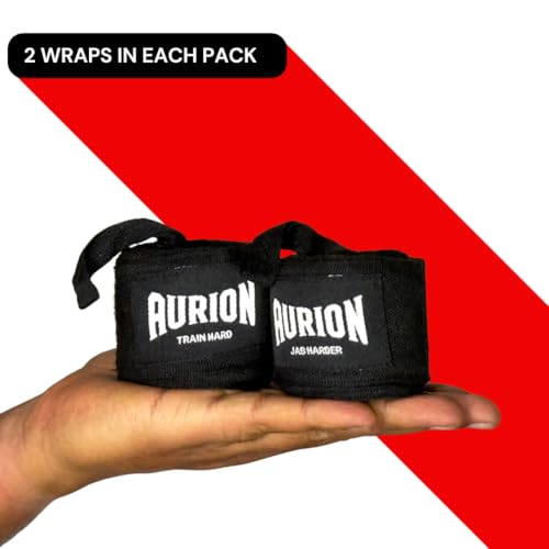 Image of Aurion 4.5 Meter Boxing Hand Wraps (180 Inch) | Professional Elastic Polyester-Cotton Handwrap for Boxing, MMA, Muay Thai & Heavy Bag | Durable Wrist & Knuckle Protection | Black (Pair)