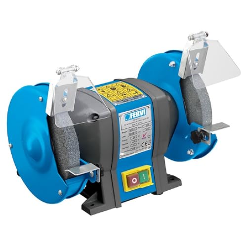 Fervi– Smerigliatrice da Banco con Mola a Secco, Corpo in Metallo, Schermi di Protezione, Pulsante Start/Stop, Con Supporto per Appoggio Pezzo, per Levigatura e Rettifica di Metalli e Leghe, Fai da Te