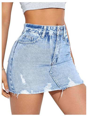 SweatyRocks Women's Casual Ripped Jean Skirt High Waist Raw Hem Mini Denim Skirts4