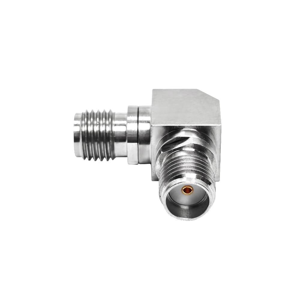 Adaptateur Haute Tension SMA Femelle à Angle Droit vers SMA Femelle en Acier Inoxydable – 50 Ohm, DC-18 GHz, Isolant PTFE, 1 pièce