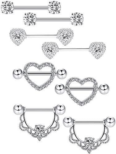 Tatuo 4 Pairs Stainless Steel Nipple Rings Tongue Ring Piercing Body Jewelry Barbell CZ Heart Shape Rings for Women Girls (Silver Bar and White Zirconia)