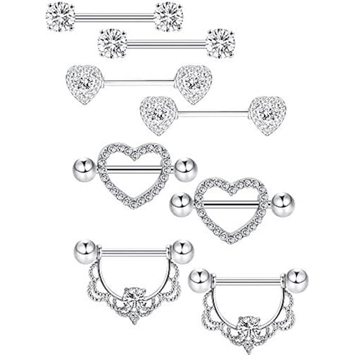 Tatuo 4 Pairs Stainless Steel Nipple Rings,Silver Bar and White Zirconia