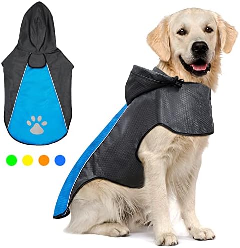 Flashseen Dog Raincoat Lightweight Waterproof Large Pet Dog Rain Jacket with Strip Reflective & Leash Hole Winter Dog Vest Warm Rain Coats Safety for Dogs and Puppies(Greyblue, Large)