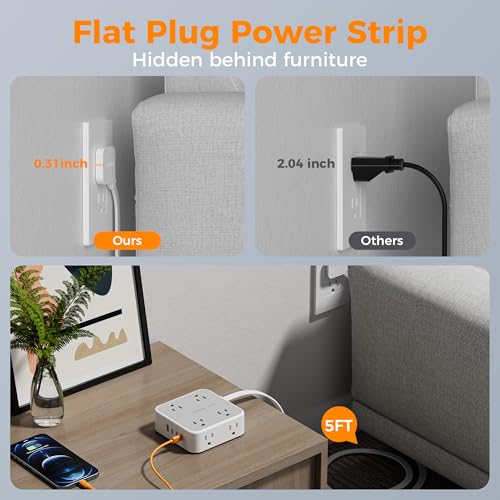 Image of TESSAN Surge Protector Power Strip, 5 Ft Flat Plug Extension Cord with 4 USB (3 USB C) 8 Outlets, 1875W, 900J Protection, 3 Sided Outlet Extender with Power Switch for Office, Dorm Room, Grey