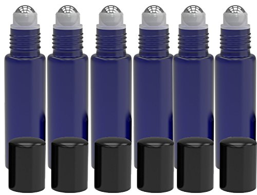 6 Pack - Empty Roll on Glass Bottles [Stainless Steel Roller] 10ml Refillable Color Roll On for Fragrance Essential Oil - Metal Chrome Roller Ball - 10 ml 1/3 oz - Frosted Blue Color
