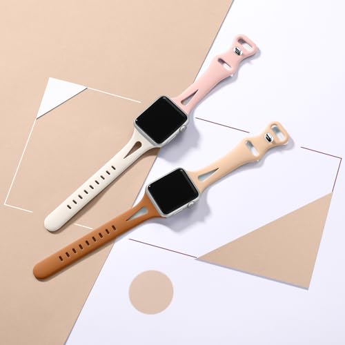 Image of 4 Pack Thin Band Compatible with Apple Watch Bands 40mm 38mm 41mm 42mm for Women iWatch Series 11 10 9 8 7 6 5 4 3 2 1 SE, Stylish Breathable Silicone Slim Sport Strap, Brown /Milk Tea /Pink /Starlight