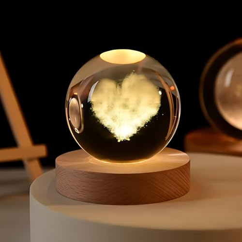 Image of 3D Crystal Ball Night Light with Wooden Base, Aesthetic Clear LED Lamp for Home and Bedroom Touch Switch, Warm Light for Kids and Teens Perfect Birthday & Anniversary (Heart Lamp)