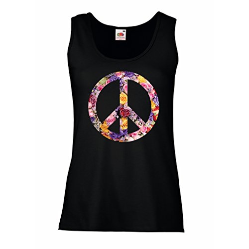 lepni.me Camisetas sin Mangas para Mujer Símbolo de la Paz, 1960s 1970s Hippy Festival Hippie Flor del Signo Verano (XXL Negro Multicolor)