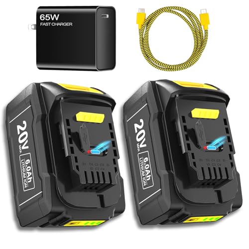 2Pack 20V 6.0Ah Battery Replace for Dewalt 20V MAX Battery DCB200 DCB204 DCB206 DCB206-2 DCB201 DCB203 DCB181 DCB180 Compatible with Dewalt DCD DCF DCG 20v Series Cordless Power Tools with Charger