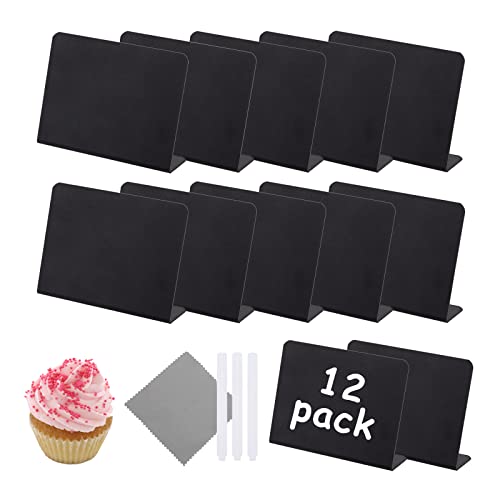 Mini Kreidetafel Set 12 Stück zum Beschriften Kleine Tafeln mit 3 Markierungsstiften und 1 Grauem Reinigungstuch Kleine Kunststoffschilder für Hochzeit Party Lebensmittel Cover