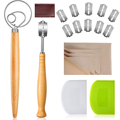 Zhehao 16 Pieces Bread Baking Tool Set, Bread Dough Scoring Tool Includes 10 Replacement Blades, Danish Dough Whisk, Plastic Dough Scraper and Dough Couche Proofing Cloth for Hand Crafted Bread Making