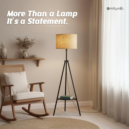 Image of PrettyKrafts Natural Floor Lamp with Shelf (Bulb Not Included) | Wooden Standing Lamp with Decorative Shelf | Modern Decorative Floor Light for Living Room, Bedroom & Study | Size 30 x 30 x 140 cm