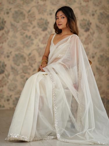 Image of AKHILAM Women's Net Embellished Saree With Unstitched Blouse Piece (AARYAN17101 KR Parent)