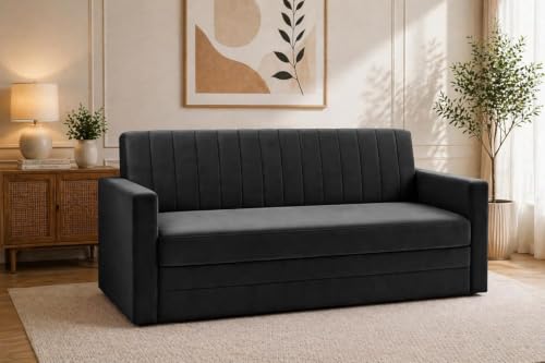 Image of Modern Velvet 3 Seater Sofa Cum Bed with Armrest, Convertible Sleeper Couch Sofa for Living Room, Bedroom & Office - Black Color