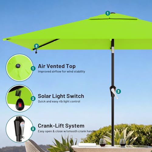 Image of AreShark 6.5' x 10' Rectangular Patio Umbrella with Solar Lights, Solar Powered Lighted Market Umbrella w /Tilt and Crank, Outdoor Table Umbrella for Garden, Deck, Backyard, Pool, Apple Green
