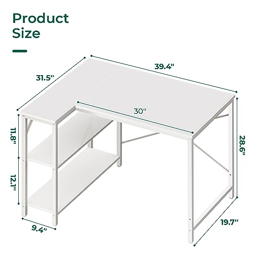 Huuger L Shaped Desk, 39 Inches Computer Desk with Reversible Storage Shelves, for Gaming Corner Home Office Writing Study, Metal Frame, White