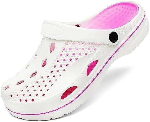 VZQ Women and Men Arch Support Clogs Slip-on Garden Shoes Outdoor Beach Slippers Sandals with Plantar Fasciitis Feet Cushion Insoles White and Rose Red Size Male6-7,Female7.5-8.5
