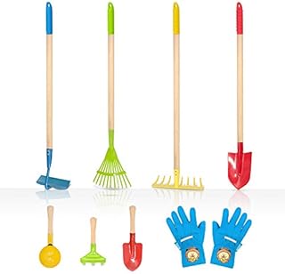 Hortem 8PCS Kids Garden Long Tools Set Include 4PCS Long Rake, Shovel, Hoe, Leaf Rake and 3PCS Small Gardening Tools,a Pair Kids Garden Glove, Gardening Gifts for Children (Multicolor)