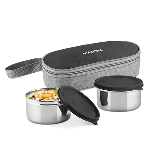 Image of MILTON Plato Pack Small Stainless Steel Lunch Box (2 X 340 ml containers) with Jacket | Leak Proof, Food Grade I Lightweight, Odour Proof | 1 Year Warranty I Ideal for Office, School, Travel, Black