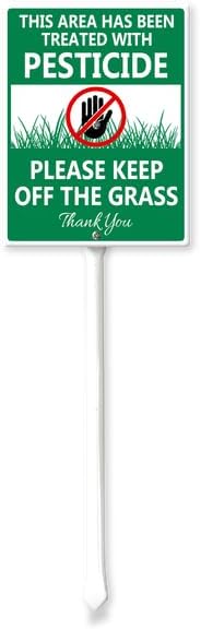 Area Has Been Treated With Pesticide, Please Keep Off Grass Signs for Yard with Stake, Sturdy Aluminum Sign Rust Free, Green and White Lawn Sign for Yard Garden Lawn Outdoor 7×8.8 inch