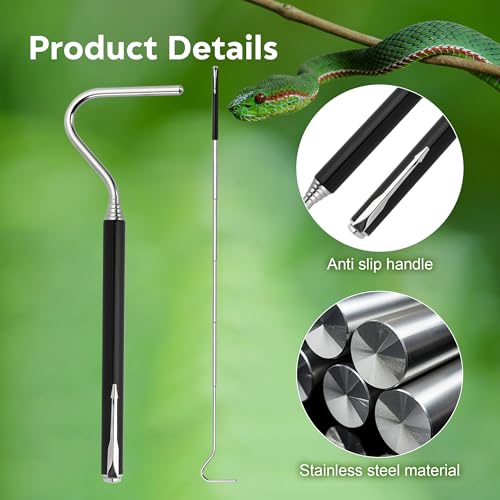 Image of Mini Snake Hook, Stainless Steel Portable Retractable Reptile Hook, Grabber Kit Outdoor Rattlesnake Reptile Handling Tool (2 Pieces), black