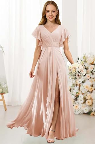 Chiffon Junior Bridesmaid Dress V-Neck Flower Girl Flowy Dresses with Ruffles Chiffon A Line Wedding Party Gown4